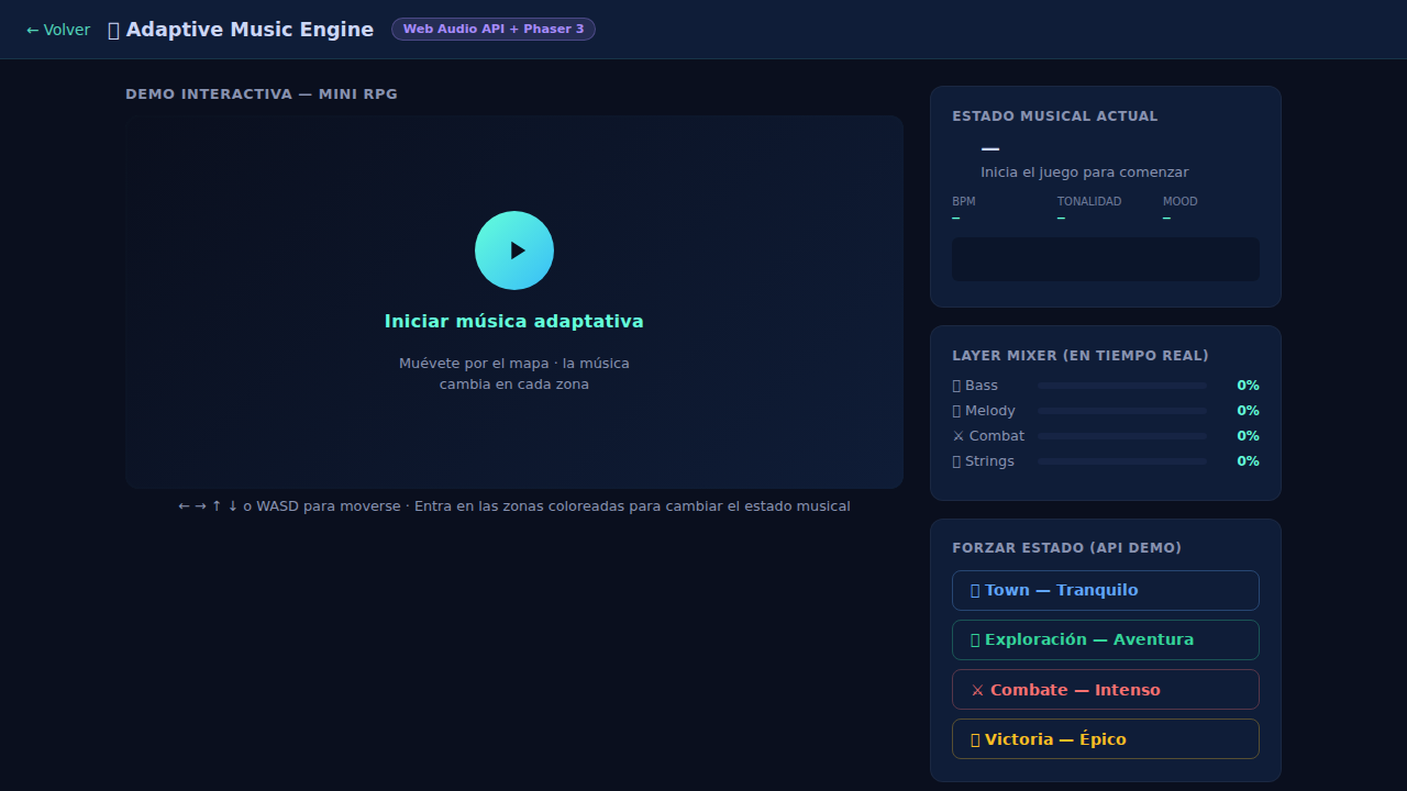 Captura real de Adaptive Music Engine en funcionamiento