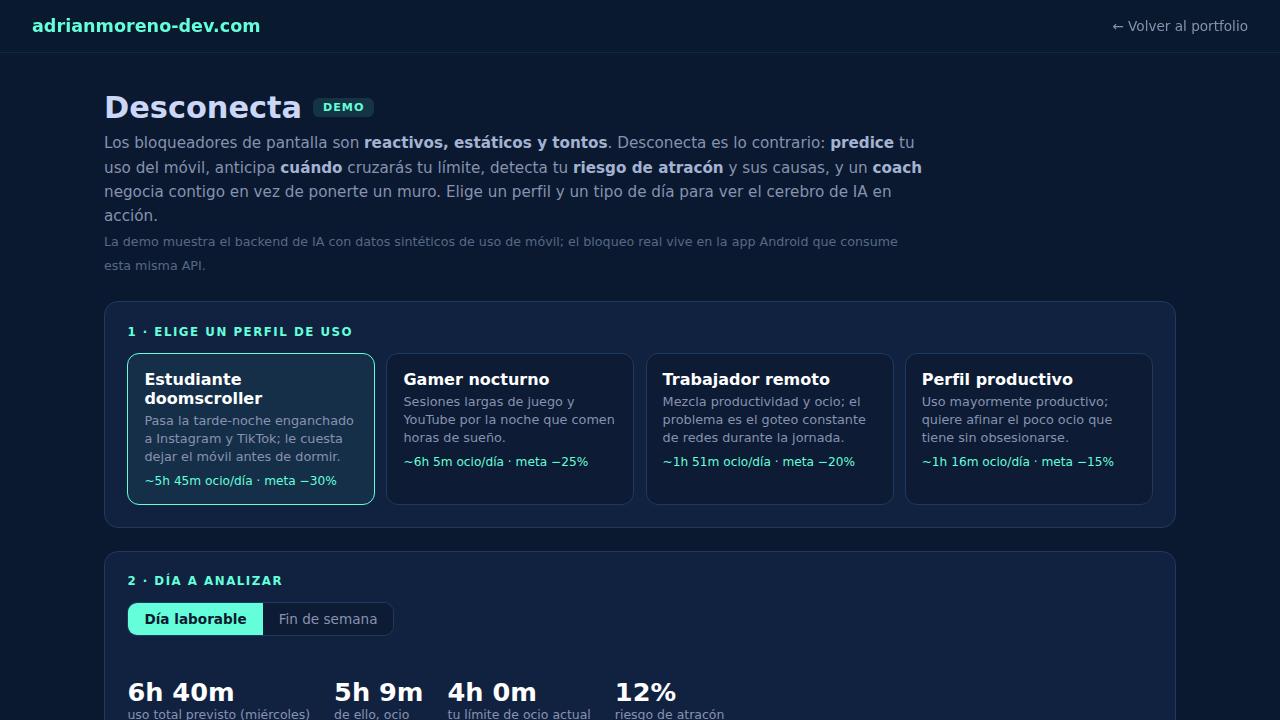 Captura real de Desconecta — Bienestar digital con IA en funcionamiento