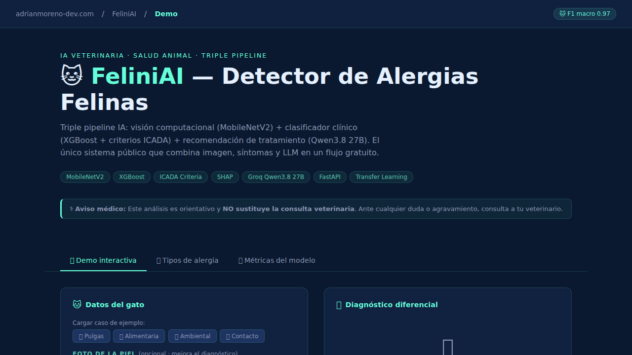 Captura real de FeliniAI — Detector de Alergias Felinas en funcionamiento