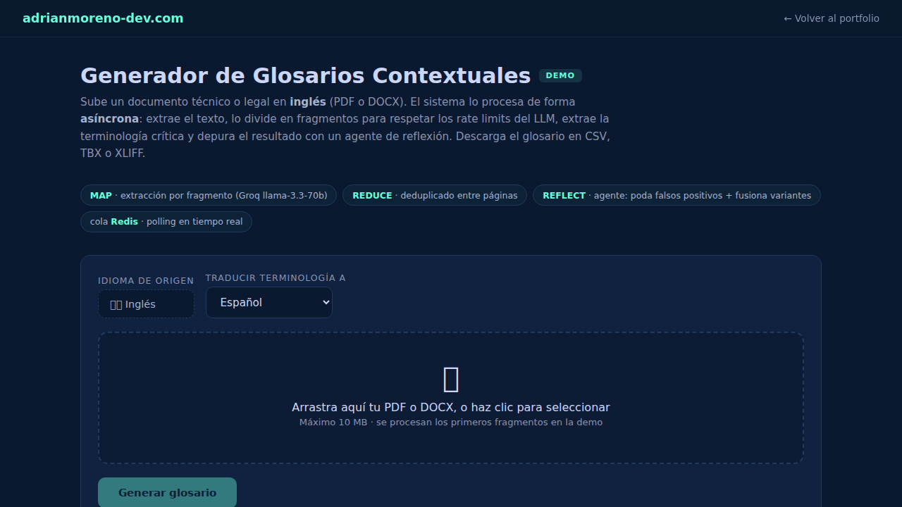 Captura real de Generador de Glosarios Contextuales en funcionamiento