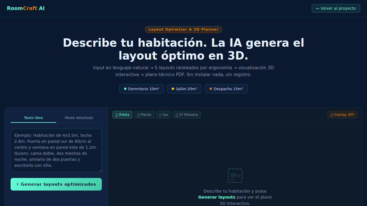 Captura real de RoomCraft AI — Layout Optimizer & 3D Room Planner en funcionamiento