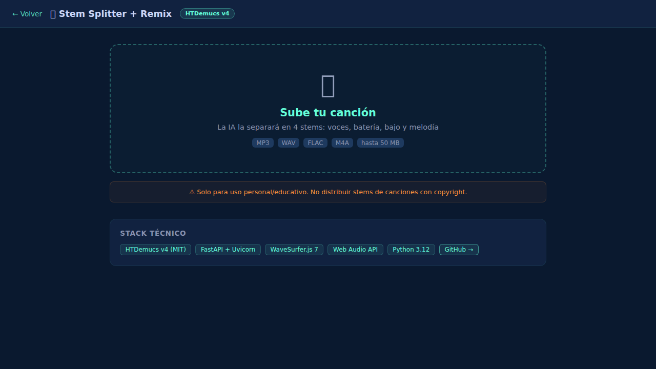 Captura real de Stem Splitter + Remix en funcionamiento